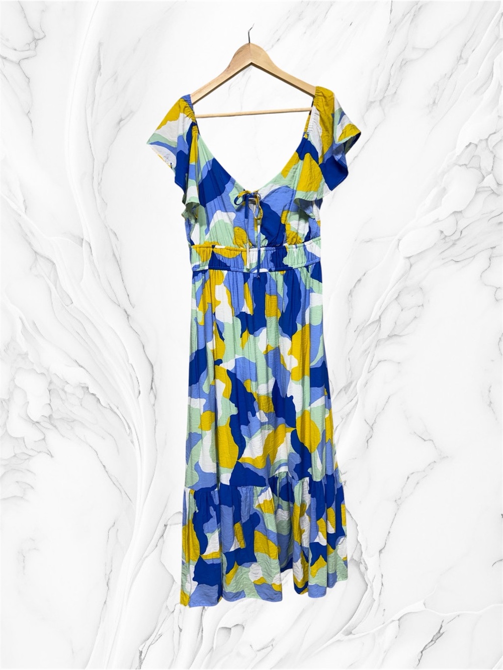 Nine West Blue and Yellow Abstract Floral flutter sleeve maxi dress size large